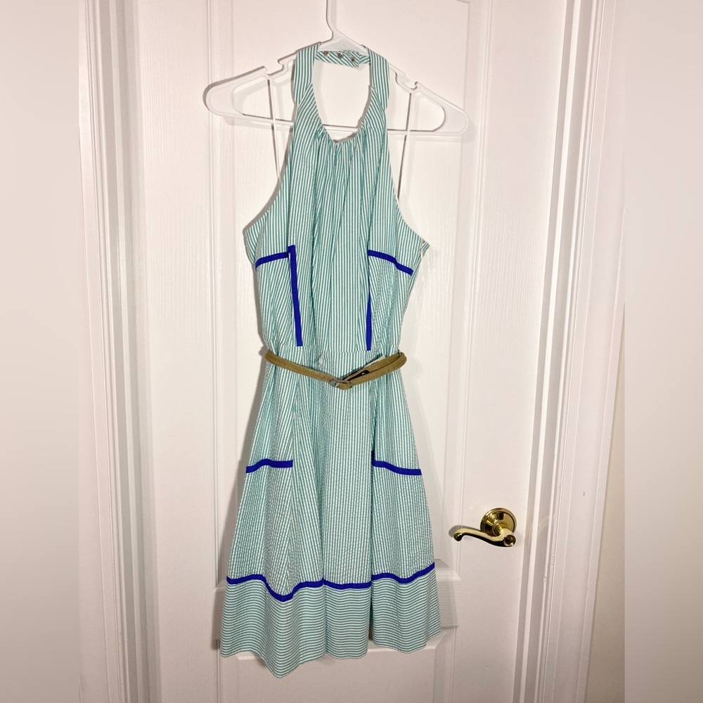 NEW ModCloth Jessica Simpson Belted Green Seersucker Halter Sundress Blue Trim 6